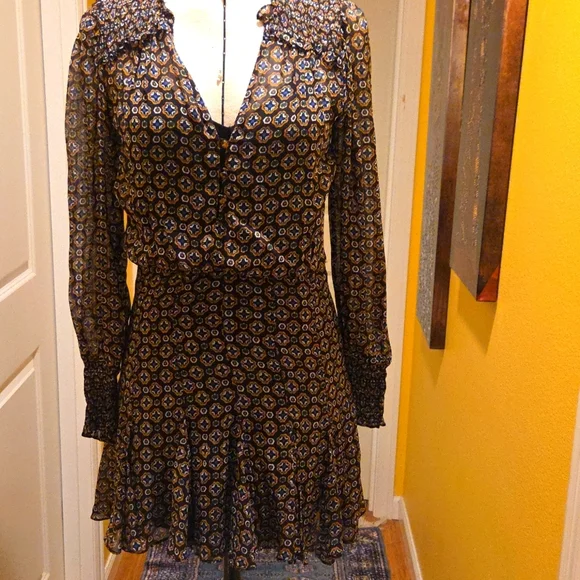 Veronica Beard Elegant Black Patterned Dress Long Sleeve